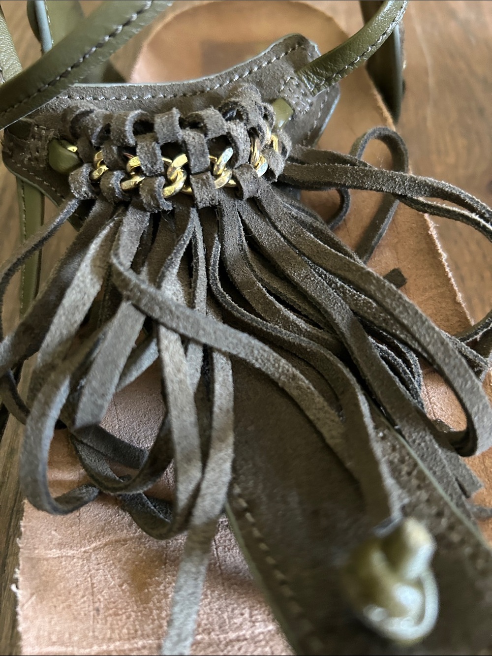 Sam Edelman Olive Green Fringe Lace-Up Sandals - Picture 2 of 5